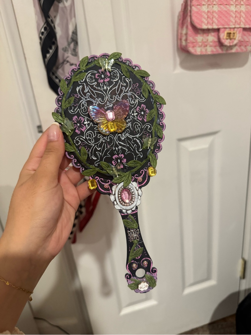 Strawberry Lemonade Forest handmade Butterfly Hand Mirror in Black/Pink/yellow